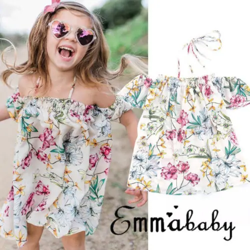 New Style Kid Baby Girls Floral Dress Boho Off Shoulder Short Sleeve Princess Girl Child Summer Holiday Beach Sundress Clothes | Детская
