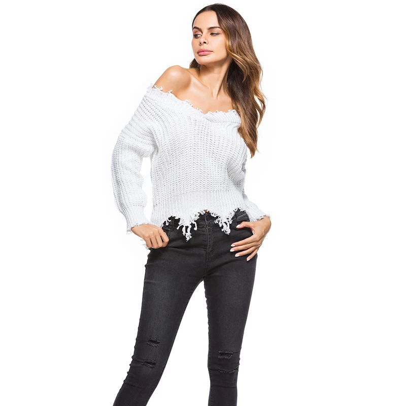 FANTASYONE Tassel Oversize Sweater Women V-neck Pullover Feminino Pull Femme 2017 Jumpers Short White Knitwear Sueter Mujer Fall | Женская