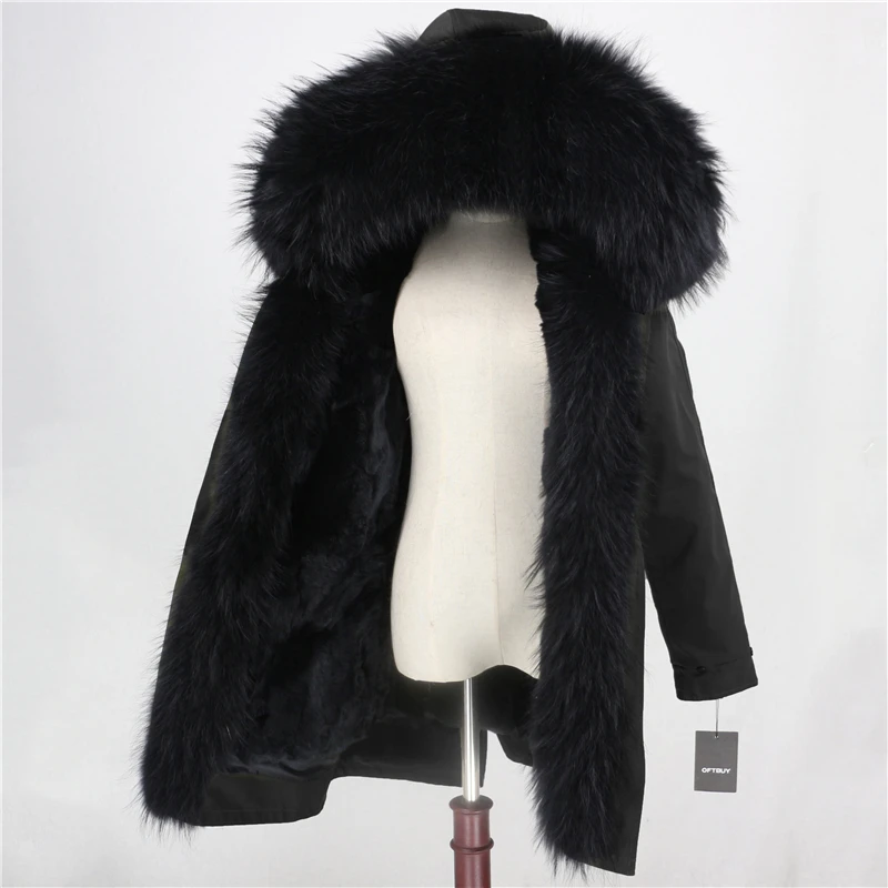 full black E Длинная парка OFTBUY, водонепроницаемая верхняя одежда, пальто с натуральным мехом енота, Воротник из лисьего меха, капюшон, подкладка из кроличьего меха, Толстая теплая уличная одежда - Цвет: full black E