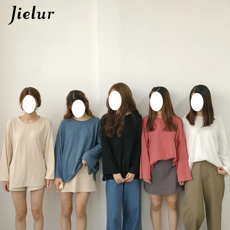Jielur футболка женская 7 Цвет высокого качества в стиле Harajuku футболка Для женщин Flare рукавом базовый корейский топ женский с длинным рукавом белая женская футболка