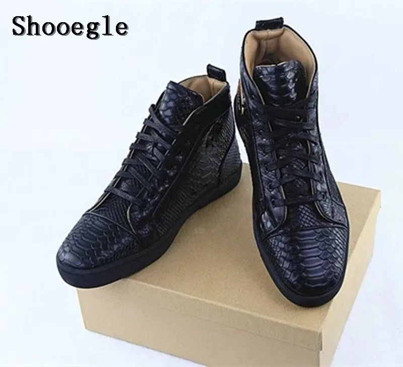 SHOOEGLE Модные мужские высокие ботинки со шнуровкой черные кроссовки из змеиной