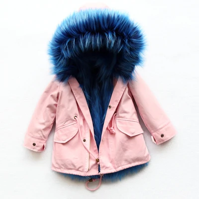 pink-blue Осенне-зимний детский Тренч модная теплая верхняя одежда с подкладкой из искусственного меха и пальто для маленьких мальчиков и девочек, От 1 до 10 лет одежда с капюшоном для девочек - Цвет: pink-blue