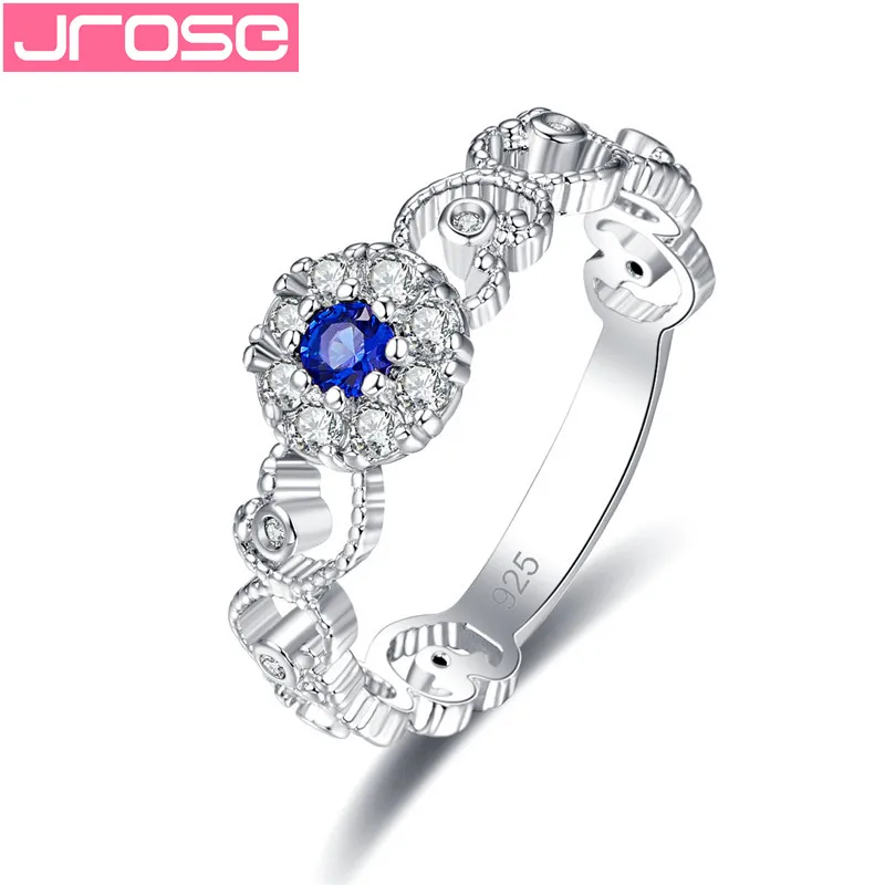 

JROSE 2019 New Silver 925 Jewelry Blue White Rhinestone Crystal Flower Ring For Women Wedding Party Bride Beautiful Bagues