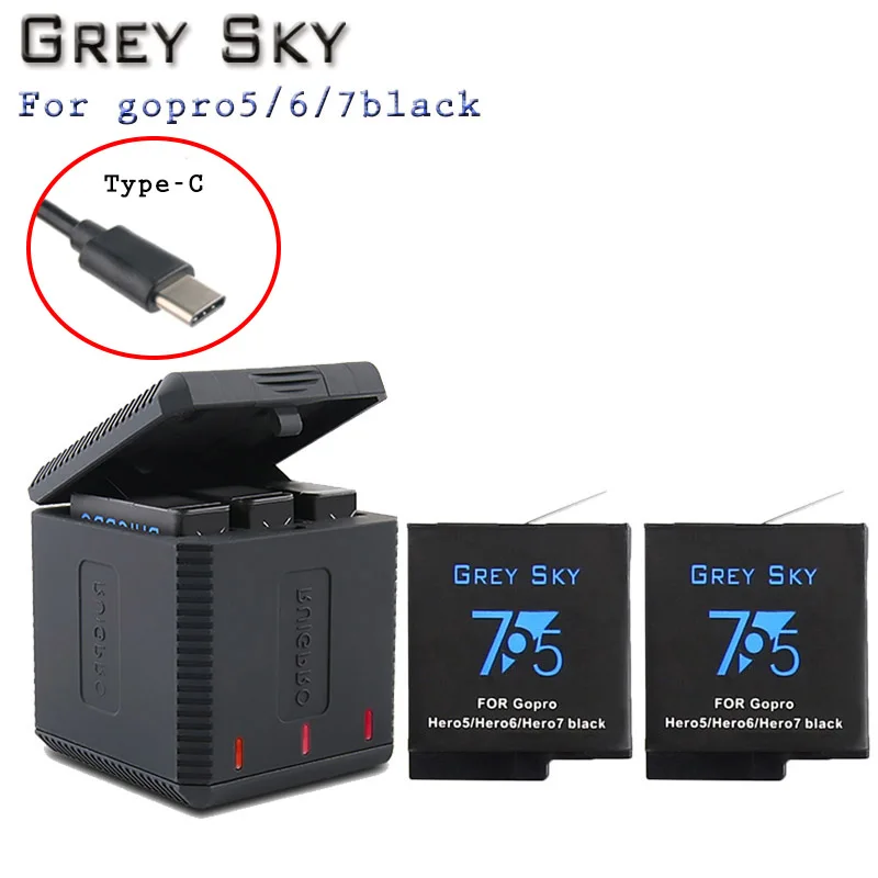 Charger and 2battery Аккумулятор серого неба 1600 мАч для GoPro hero 5 hero 6 hero 7 black Bateria Akku для GoPro hero 5 6 7 hero 5 AHDBT 501 - Цвет: Charger and 2battery