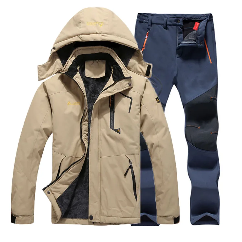 Khaki Blue Suit Большие размеры 6XL мужские зимние меховые водонепроницаемые теплые рыболовные треккинговые походные лыжные куртки флисовые спортивные штаны - Цвет: Khaki Blue Suit
