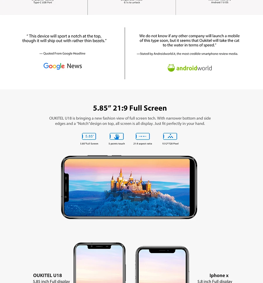 Oukitel U18 5,8" 21:9 полный Дисплей мобильного телефона Face ID MT6750T Octa Core Android 7,0 4 Гб Оперативная память 64 Гб Встроенная память 4000 мА/ч, 16MP мобильного телефона