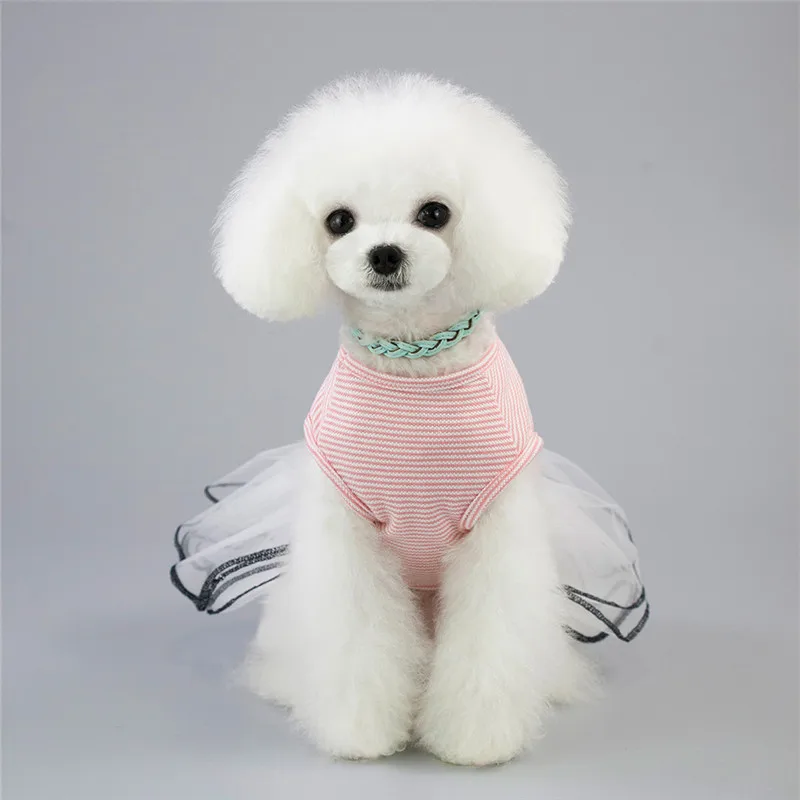 Cute Strip Dog Wedding Party Dress Tutu Skirt Summer Female Girl Puppy Hoodie Shirt Clothes Costume For Yorkie Chihuahua | Дом и сад