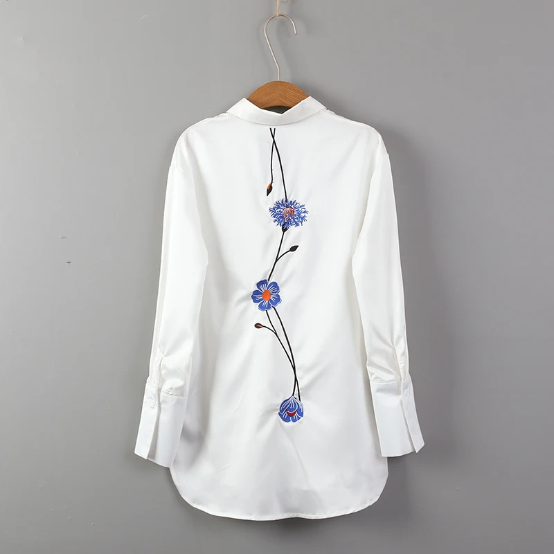 2018 Женская Повседневная Блузка с длинным рукавом женская рубашка вышивкой белая