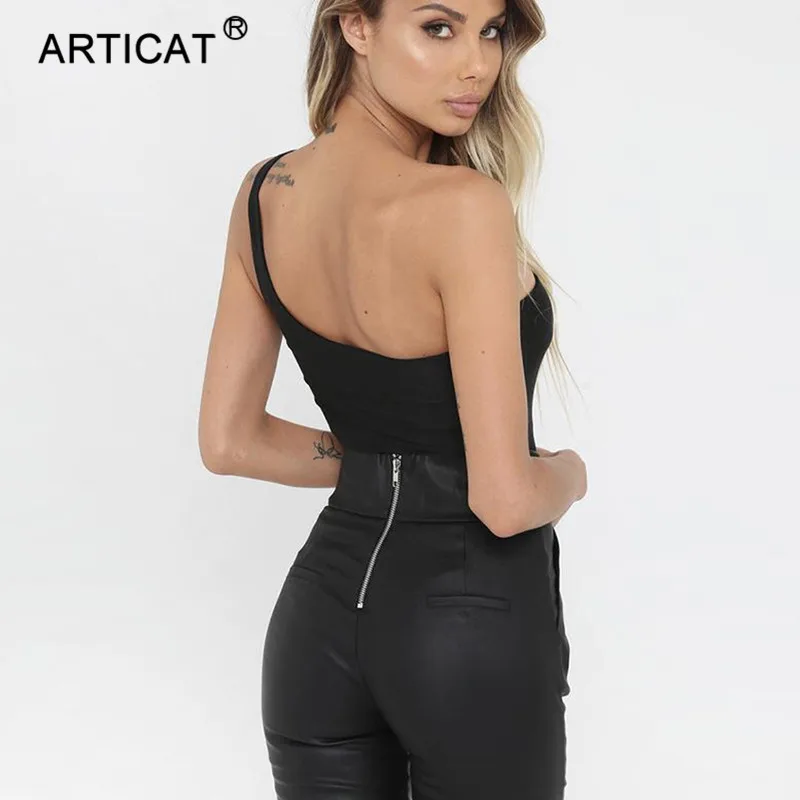 Articat, черный сексуальный боди на одно плечо, женские топы, без бретелек, выдалбливают, Облегающий комбинезон, женский комбинезон, обтягивающий Летний комбинезон