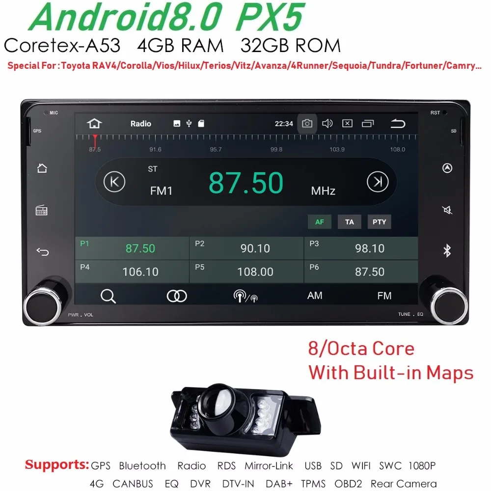 PX5android8.0 car GPS for Toyota Terios Old Corolla Camry Prado RAV4 Universal radio with navigation 4+32G stereo gps player | Автомобили