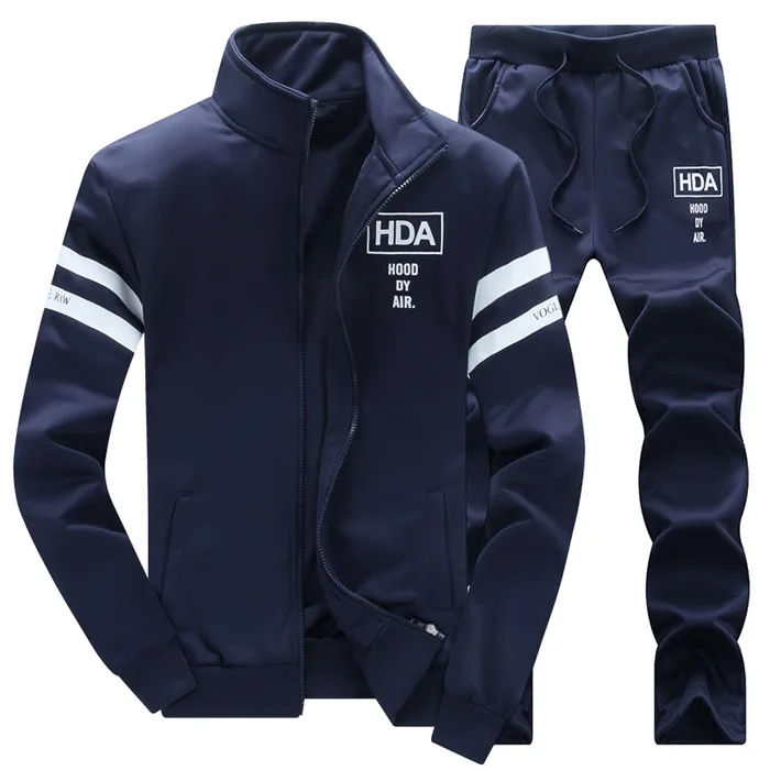 Casual Tracksuit Men Sweatshirts Slim Men Set Pants Suits Solid Long Sleeved Male Clothing Hoodie+Pants Men Sportswear - Цвет: 11 Navy Suit
