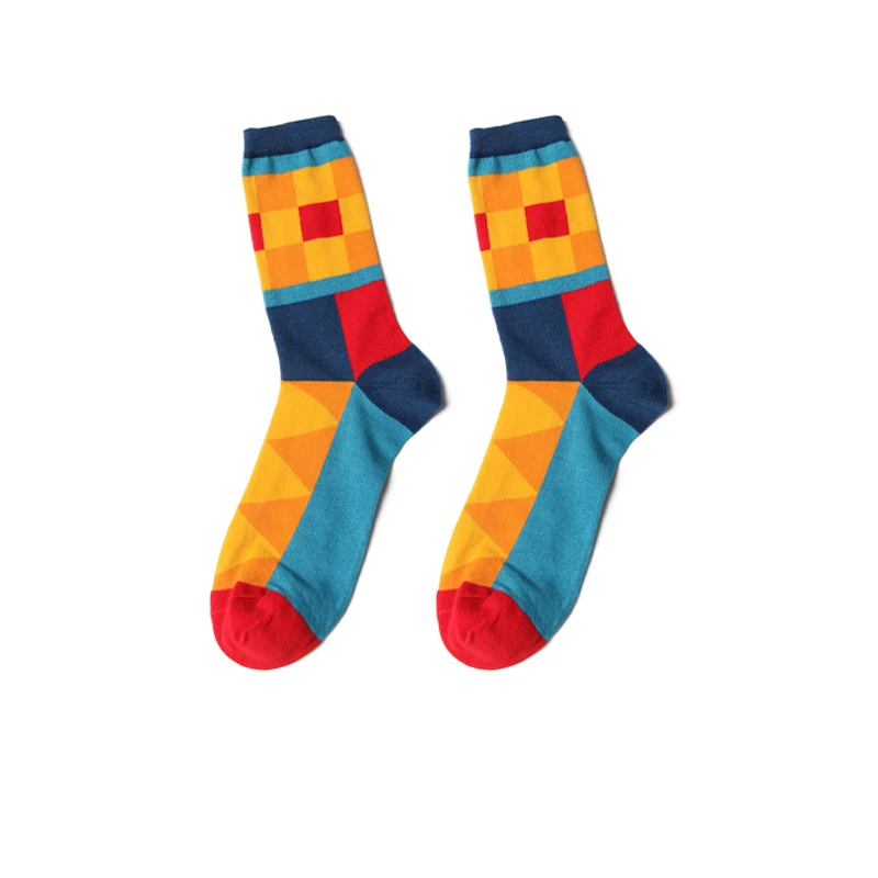 PEONFLY Autumn Winter Men Casual Colorful Geometric Square Balloon Wavy Stripes Pattern Fashion High Quality Cotton Happy Socks