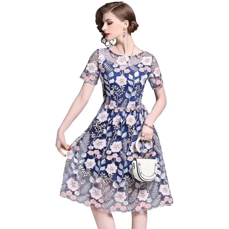 Trytree 2019 летнее повседневное Цветочное платье с вышивкой и О-образным вырезом из