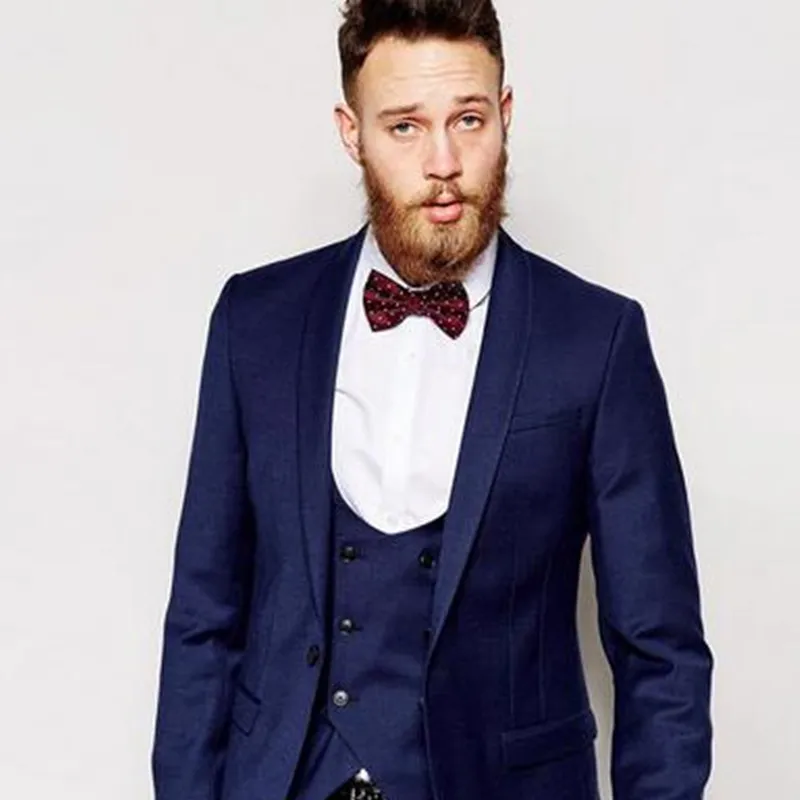 Center Vent Groomsmen Shawl Lapel Groom Tuxedos Dark Blue Men Suit Wedding Best Man Blazer mens suits (Jacket+Pants+Vest+Tie)