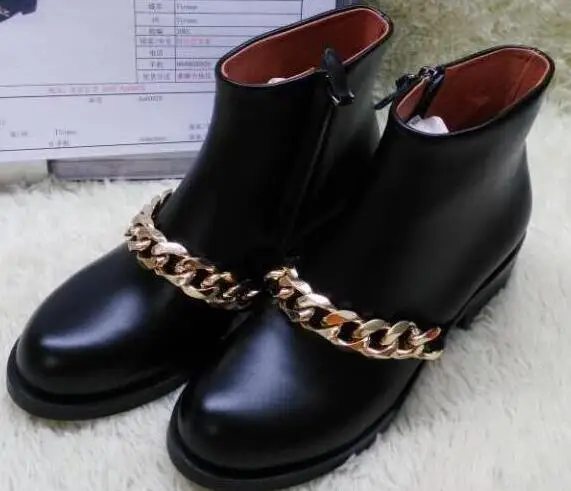 gold chain Женские ботильоны с круглым носком с золотыми/серебряными цепочками; женские рыцарские сапоги в классическом стиле; сапоги с боковой молнией; модные весенние сапоги - Цвет: gold chain