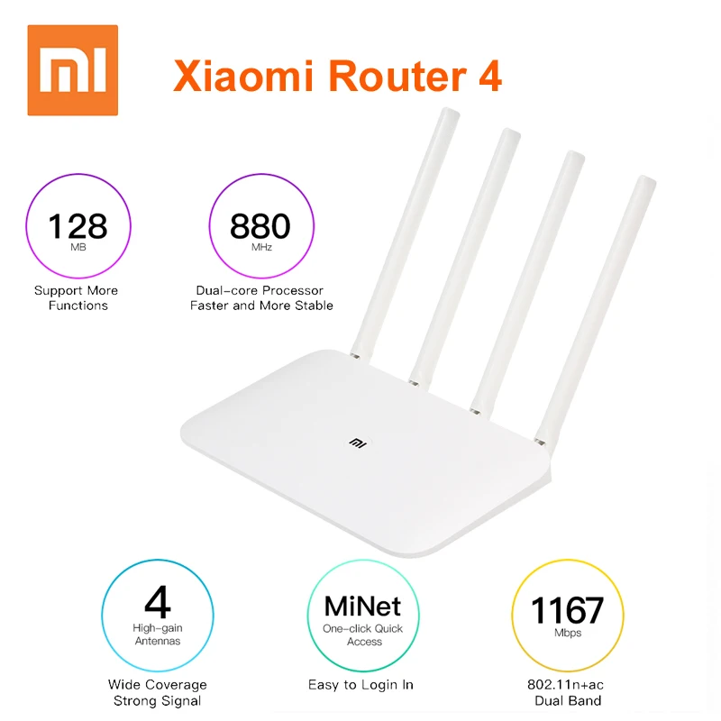 Xiaomi Mi Wi-Fi роутер 4 Wi-Fi повторитель 1167 Мбит/с двухдиапазонный двухъядерный 2,4G 5 ГГц 802.11ac четыре антенны приложение управление беспроводные роутеры