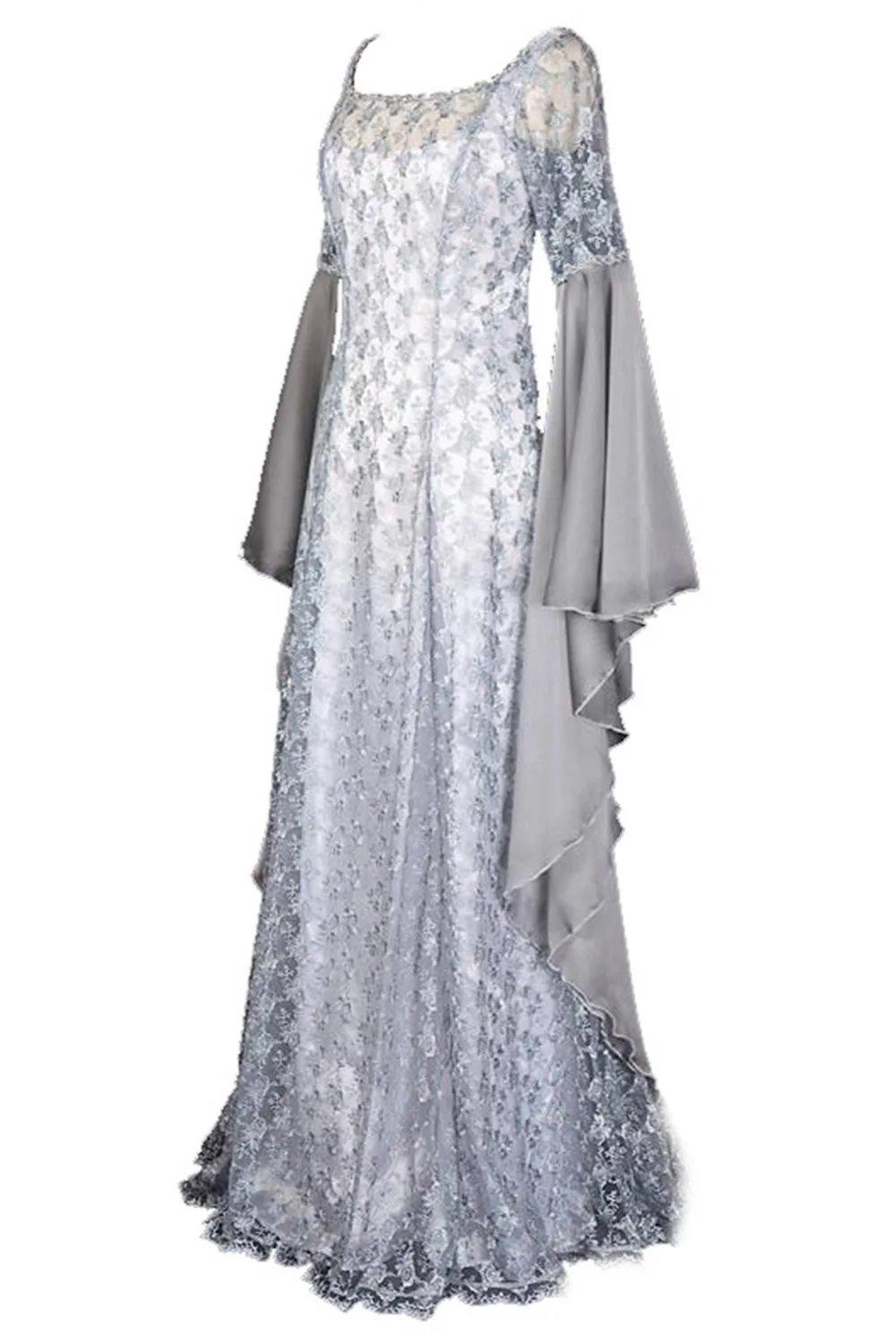 

Square Round Collar Long Sleeve Lace Hollow Out Stitching Dress Medieval Renaissance Retro Floor-Length Solid Color Dress
