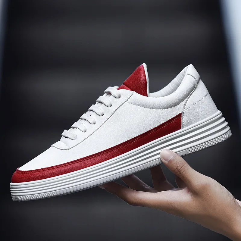 White and red Мужские кроссовки из мягкой кожи; повседневная обувь на плоской подошве; модные брендовые кроссовки; мужские белые туфли; Цвет Черный; KA015 - Цвет: White and red