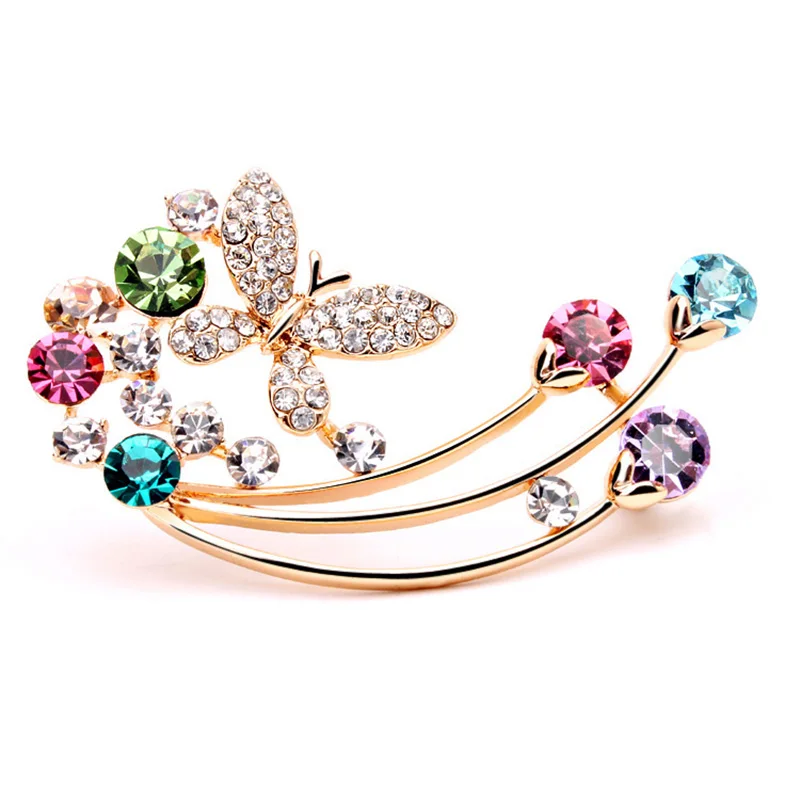 Мода 2017 г. Кристалл Бабочка Женщины Броши Модные животных Женские цветочные