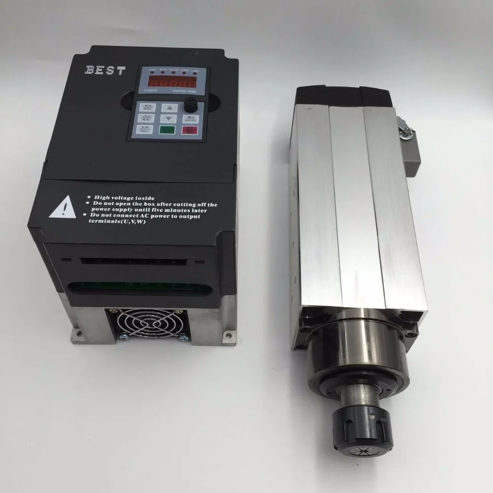 

6KW Air-cooled Square Spindle Motor 18000rpm 380V 12.6A 300Hz ER32 Woodworking Spindle GDZ120x103-6 & 7.5kw VFD Inverter New