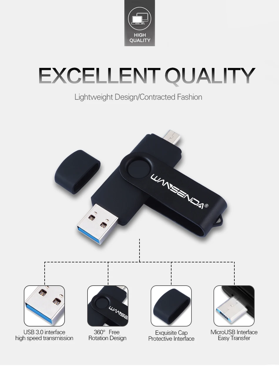 WANSENDA OTG USB флеш-накопитель 2 в 1 USB3.0& Micro USB флеш-накопитель 16 ГБ 32 ГБ 64 Гб 128 ГБ 256 ГБ Флешка двойной OTG накопитель карта памяти
