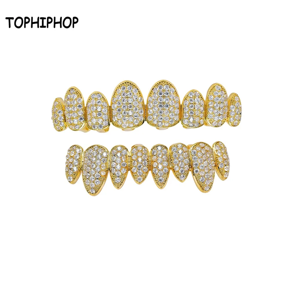 TOPHIPHOP хип хоп зубы с белым Цирконом золотые и серебряные декоративные коронки