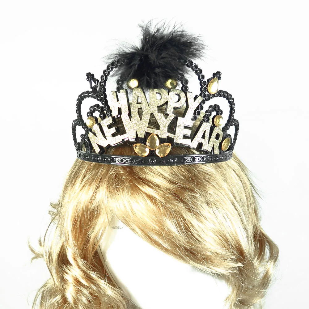 Black tiara gold HNY Дизайн год тиара шляпа аксессуары для волос блестки счастливого Нового года Популярные черные серебристые золотые цвета вечерние мероприятия поставки - Цвет: Black tiara gold HNY