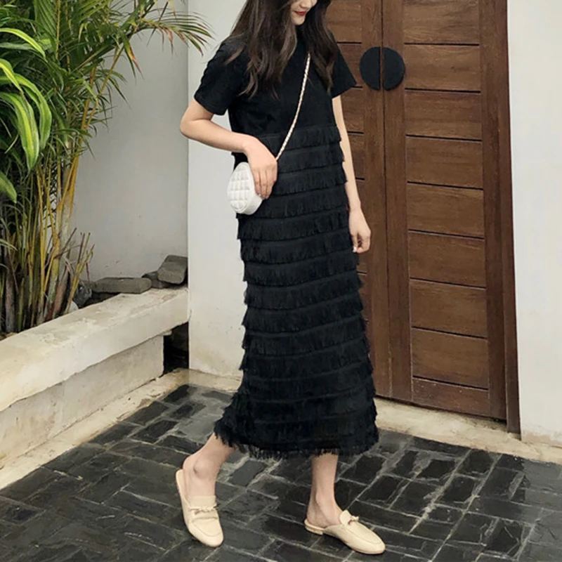 PERHAPS U black gray a line o neck layer cake dress casual summer short sleeve Tassel stitching long D1187 | Женская одежда