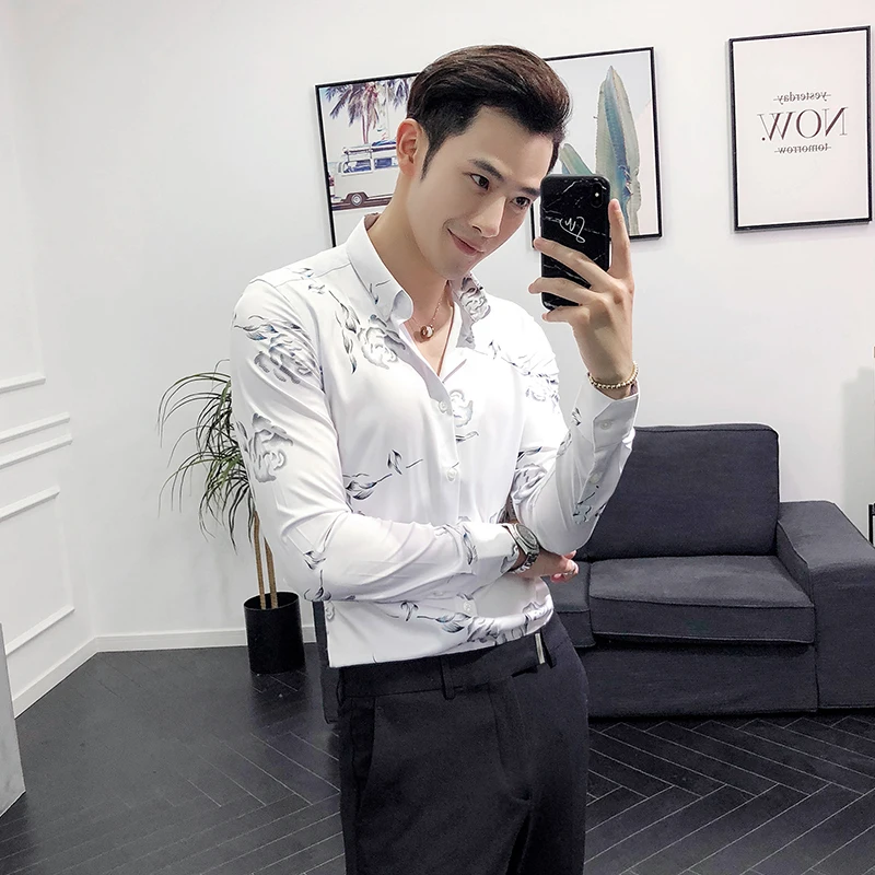 Мужская Повседневная рубашка с цветочным принтом приталенная смокинг длинным