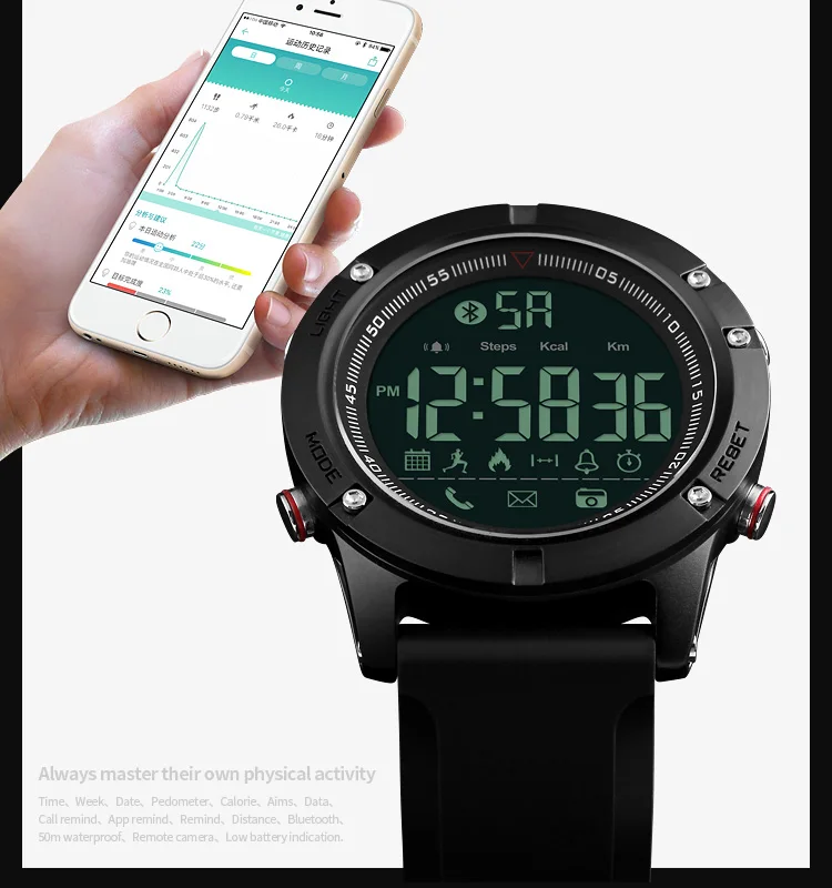 SKMEI спортивные цифровые наручные часы с Bluetooth, Модные Смарт-часы для мужчин, шагомер, удаленная камера, светодиодный, военные часы, Relogio