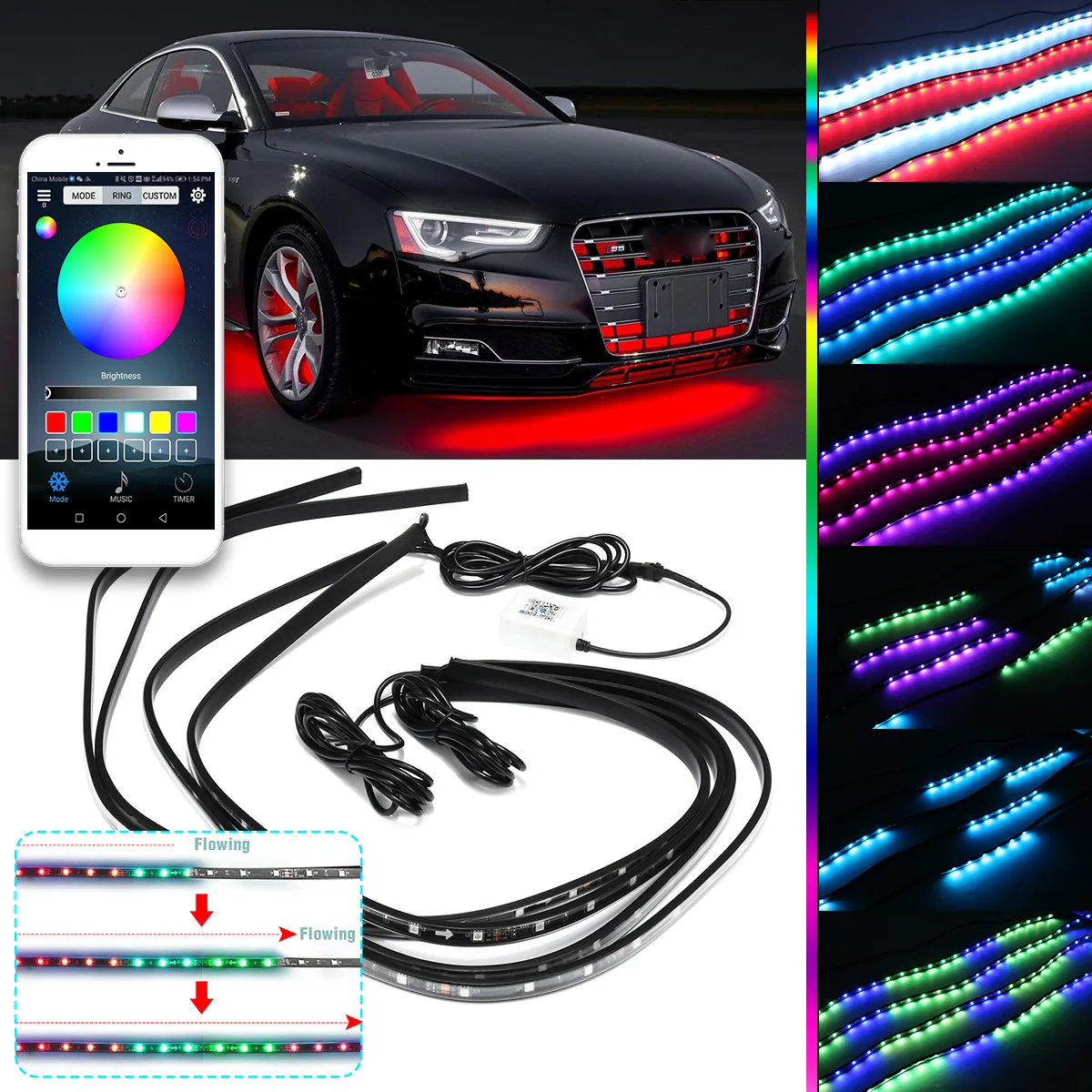 15 Вт 125+ 90 см RGB светодиодный автомобильный ламповый светильник, подсвечивающий светильник, комплект, приложение, беспроводной контроль, декоративный светильник, авто под свечением, светильник