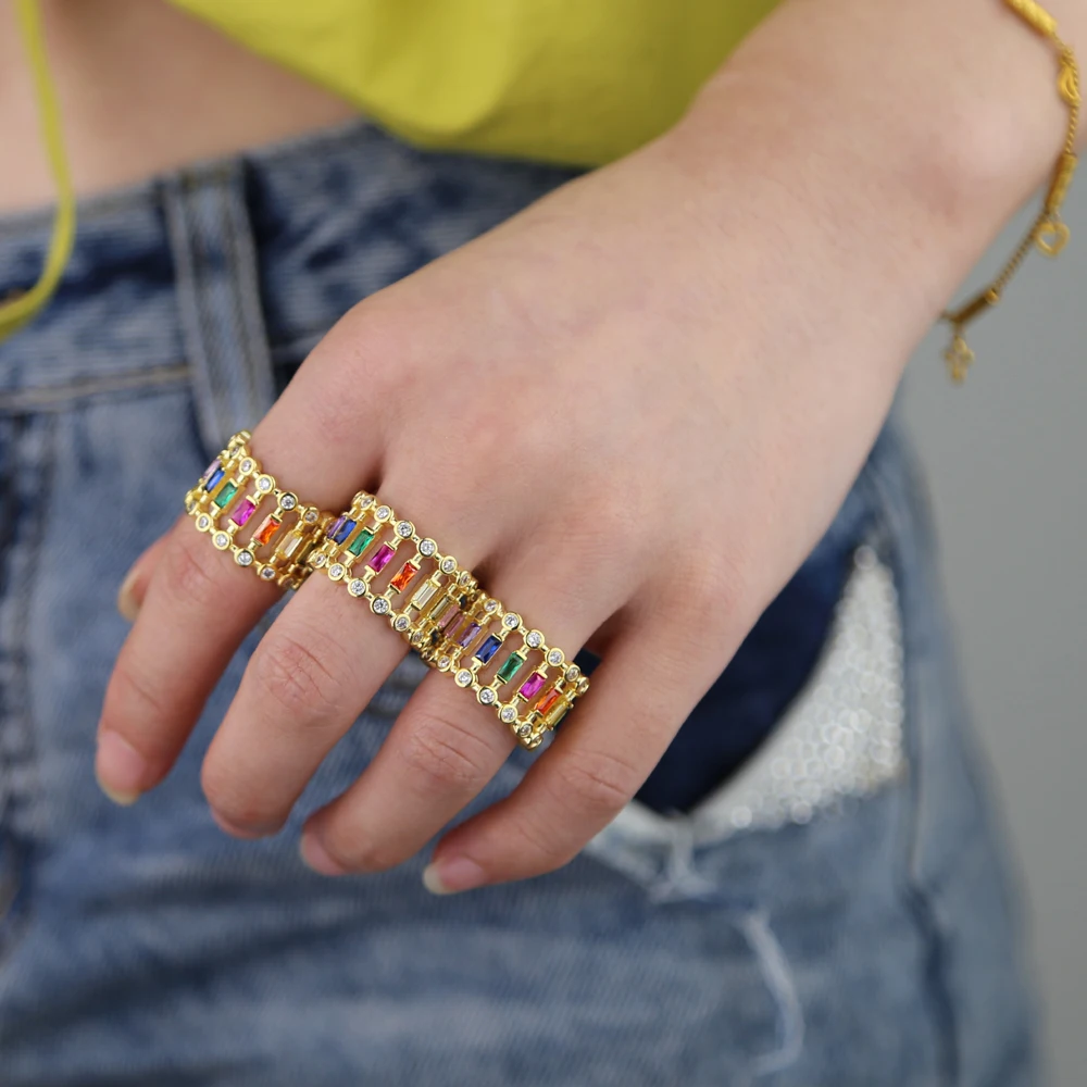 Кольцо на палец цвета радуги cz золотое зеленое синее красное минимальное