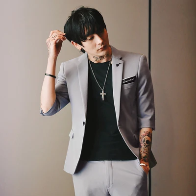 2019 британский стиль трендовый Летний Новый однотонный костюм с рукавами мужской