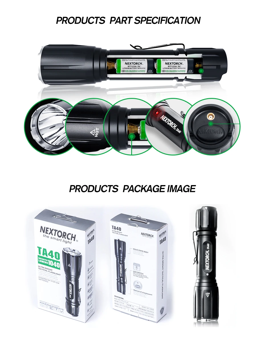 NEXOTRCH Flashlight 18650 Battery 1040 Lumen Waterproof Rechargeable Strobe Shockproof Tactical LED Flashlight Torch#TA40