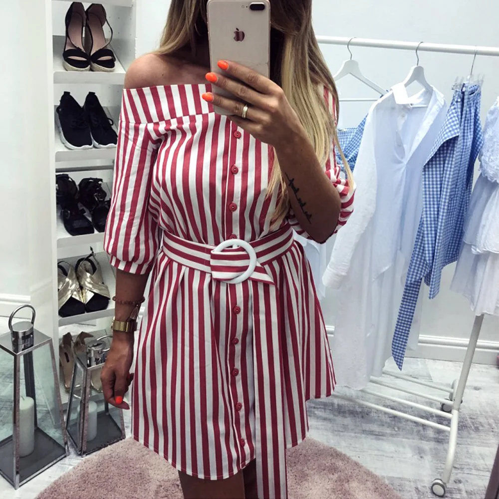 Женское пляжное платье с поясом короткое трапеция в полоску богемном стиле