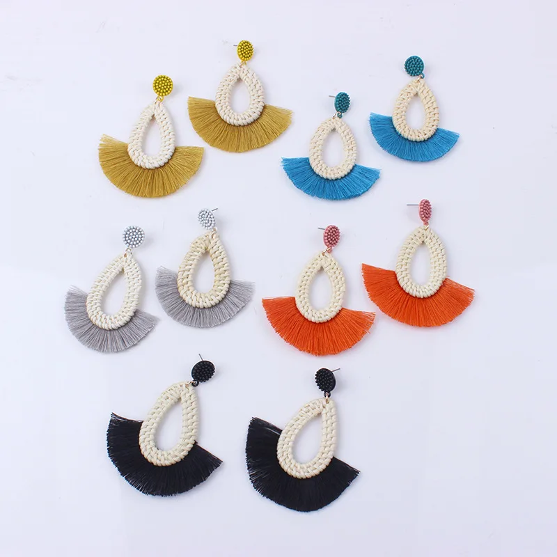 STRATHSPEY Handmade Tassel Earrings For Women Geometric Straw Rattan Earring Ethnic Wood Fringe Earing pendientes | Украшения и