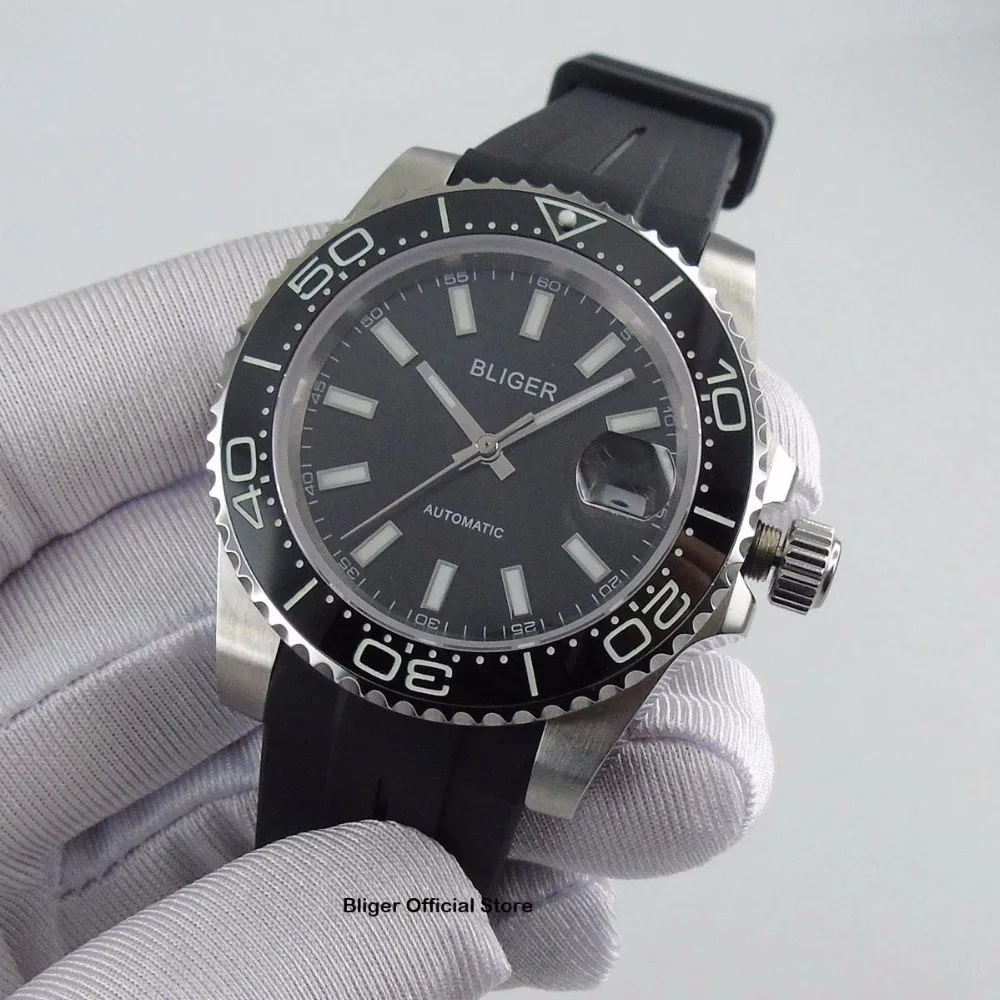 Модные стеклянные мужские часы 40 мм с автоподзаводом черный циферблат 21