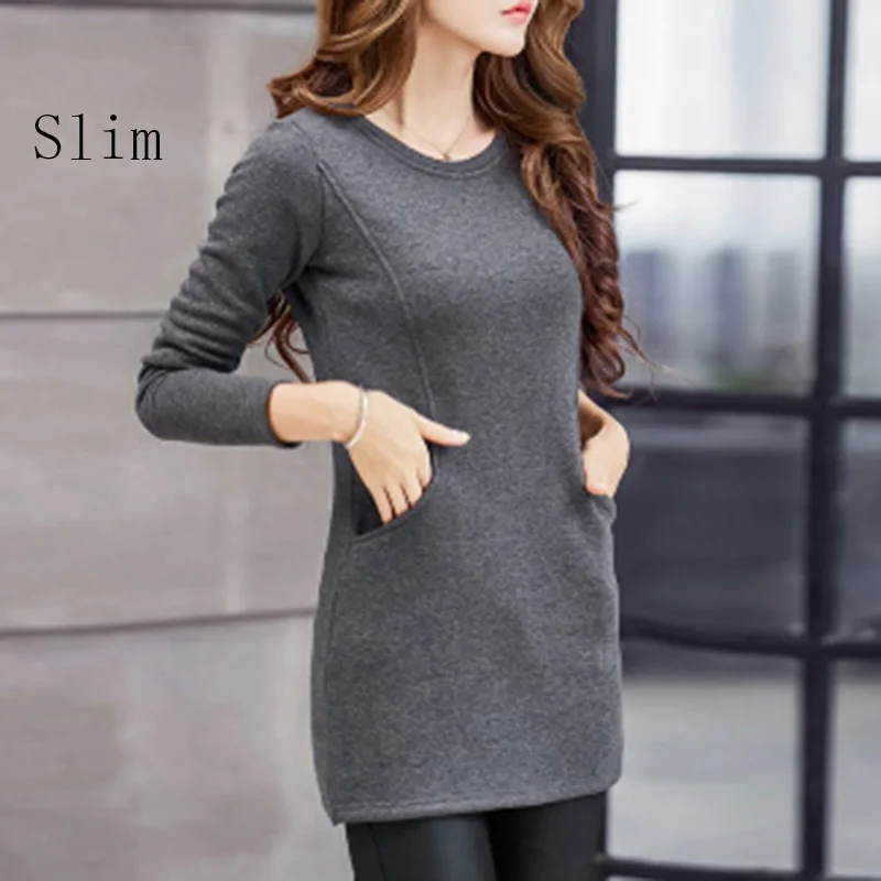 Thin Dark Grey Женские блузки с длинным рукавом, новинка, зимняя Модная рубашка с круглым вырезом, весенние плотные теплые длинные блузы с карманами, облегающие топы размера плюс - Цвет: Thin Dark Grey