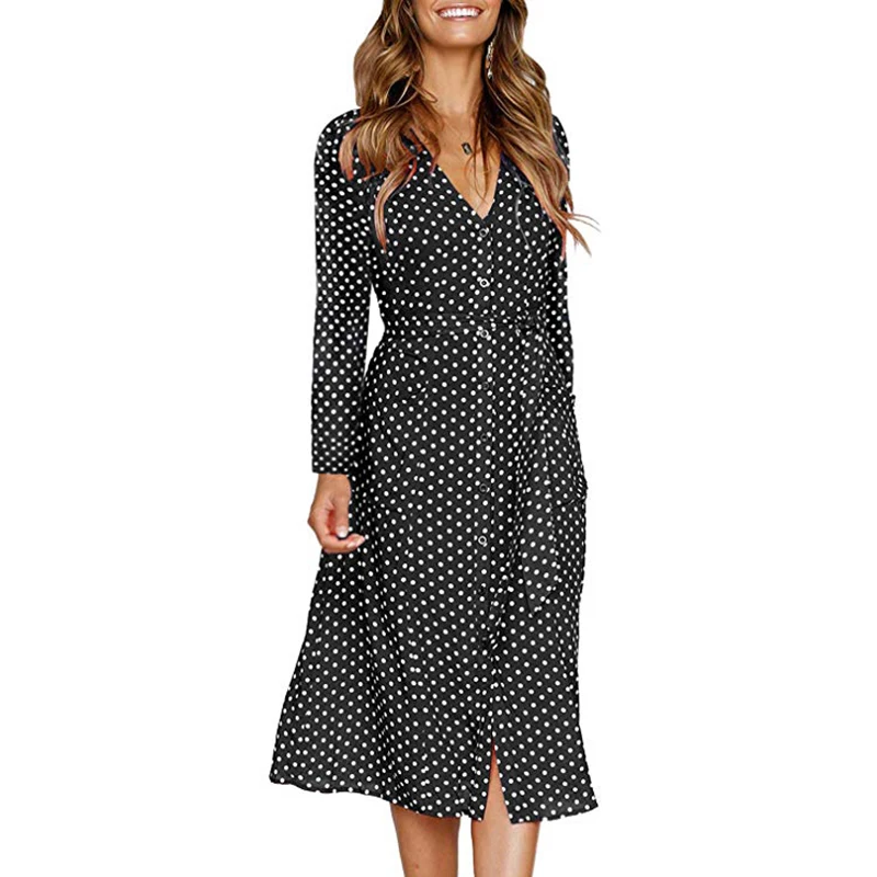 Polka Dot Long Dress Women Sleeve Spring Autumn Casual Dresses Button Lace Up 2020 Streetwear Black Maxi Vestidos | Женская одежда
