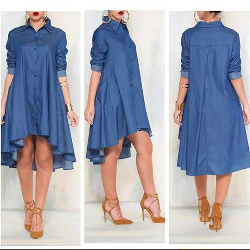 Женское джинсовое платье рубашка летнее повседневное свободное миди с длинным