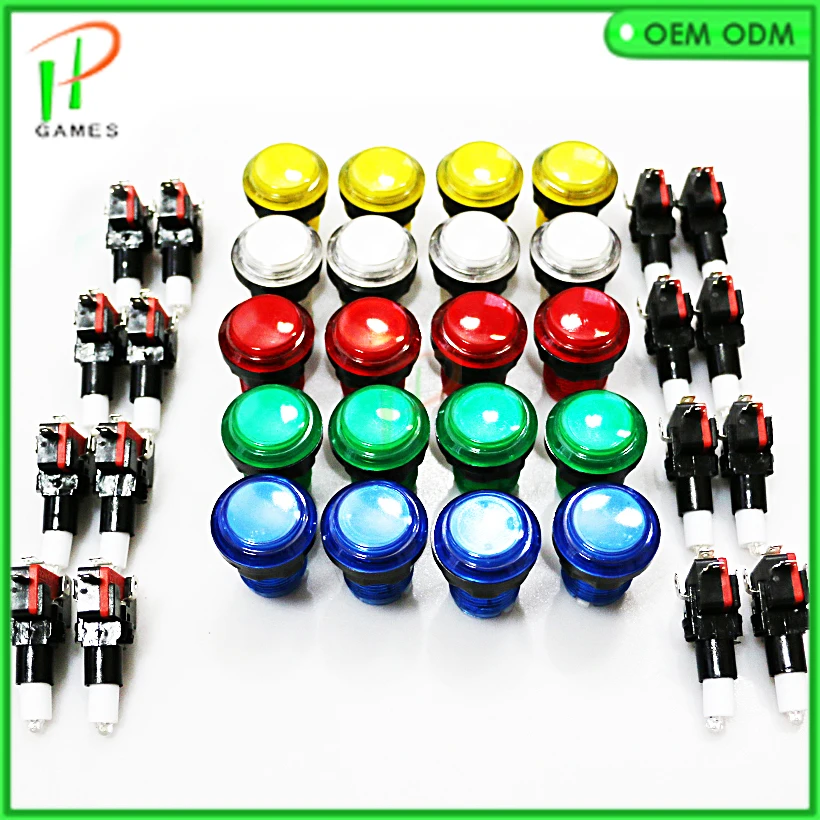 Arcade push button with 40pcs 12V illuminated LED push buttons four colors Transparent plastic arcade button kit