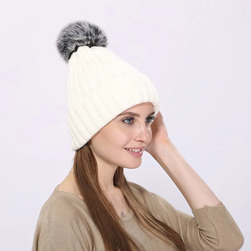 Для женщин трикотажные искусственного меха лисы Pom pom hat одноцветное Цвета