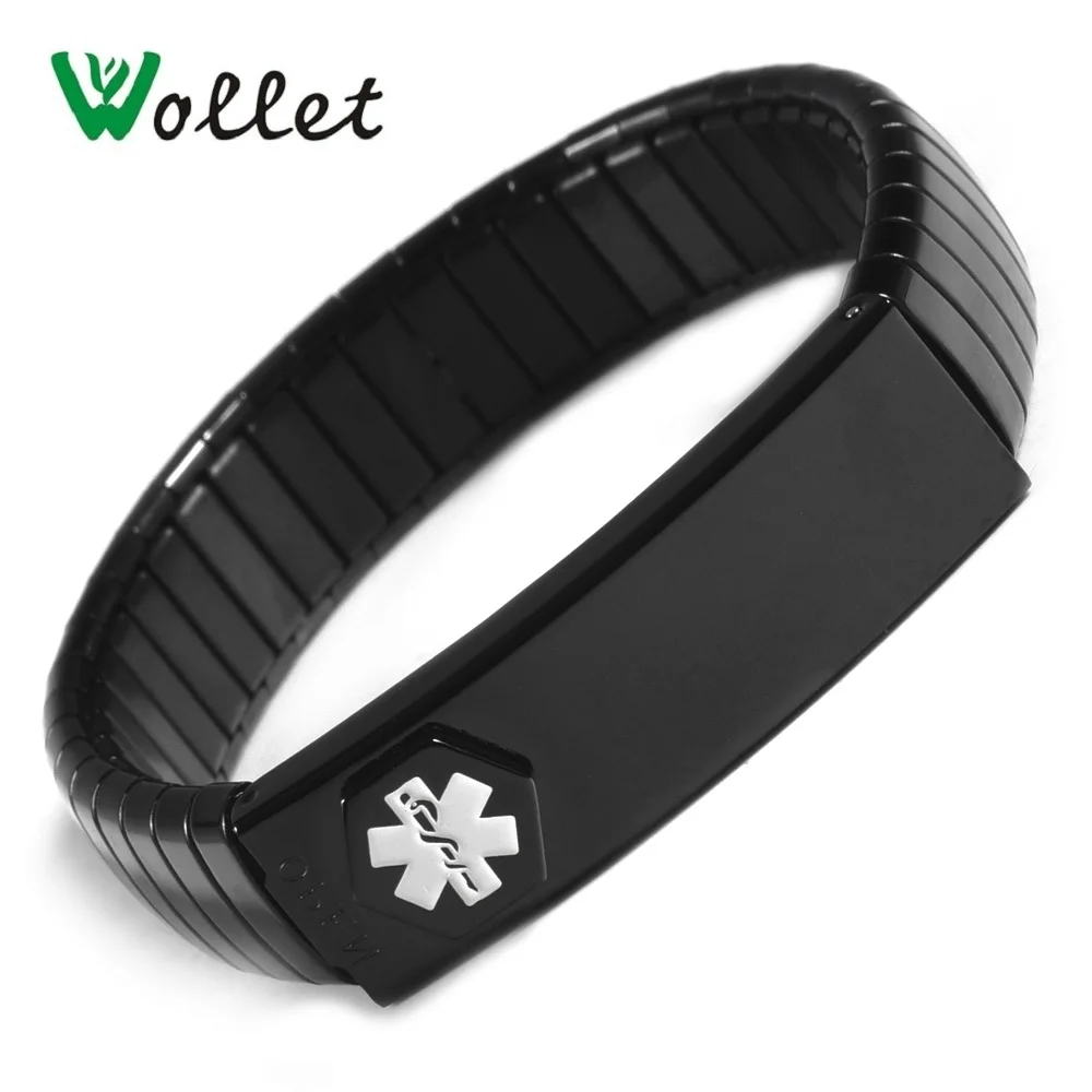 

Wollet Jewelry Medical Alert ID Bracelet Bangle for Men Black Color Elastic Stainless Steel Personalised Gift for Grandparents