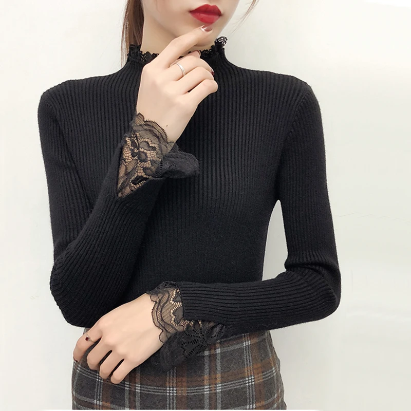 Lace Patchwork Knitted Pullover Women Turtleneck 2021 Autumn Winter Sweaters And Pullovers Female Tricot Jumper Pull Femme | Женская