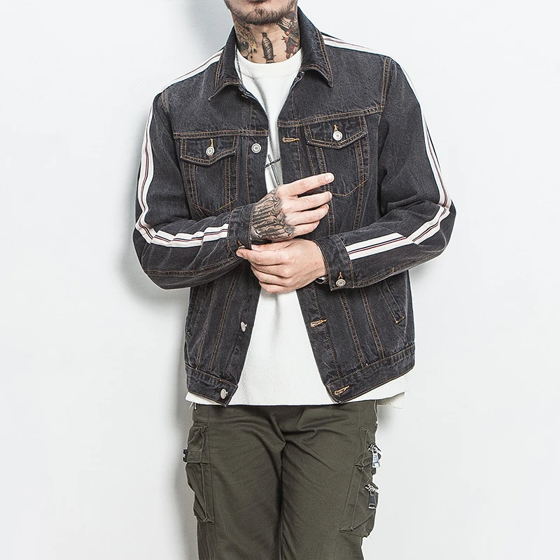 Мужская джинсовая куртка в полоску цвет черный|men's jean jacket|jacket qualityblack denim jacket |