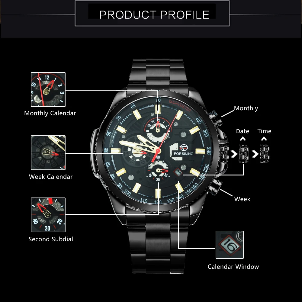 FORSINING милитари платье автоматические механические часы мужские из нержавеющей