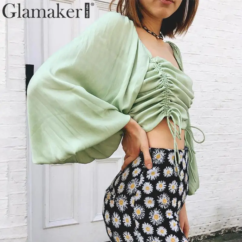 Glamaker Элегантный квадратный вырез женские рубашки Топы И Футболки Лето Шир свободный обрезанный Женский Топ повседневные Зеленые Короткие футболки