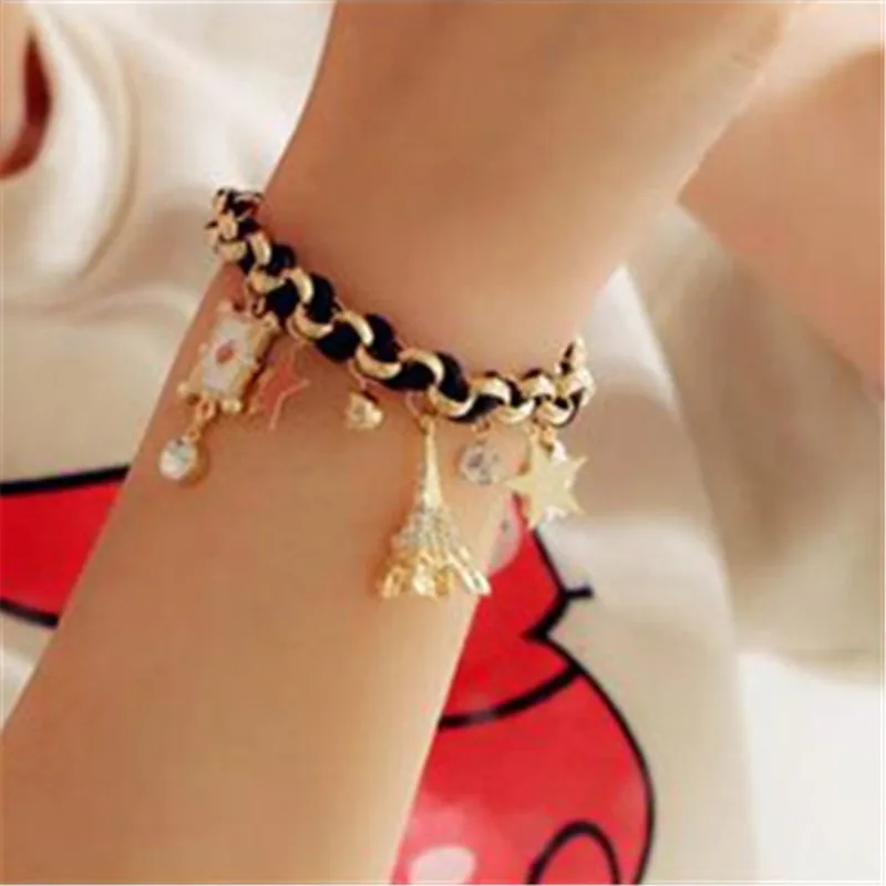 Romantic Pink Flower Love poker Eiffel Tower Bracelet Fashion Jewelry for Women Girls Weave Charm Star Anklets Gift | Украшения и