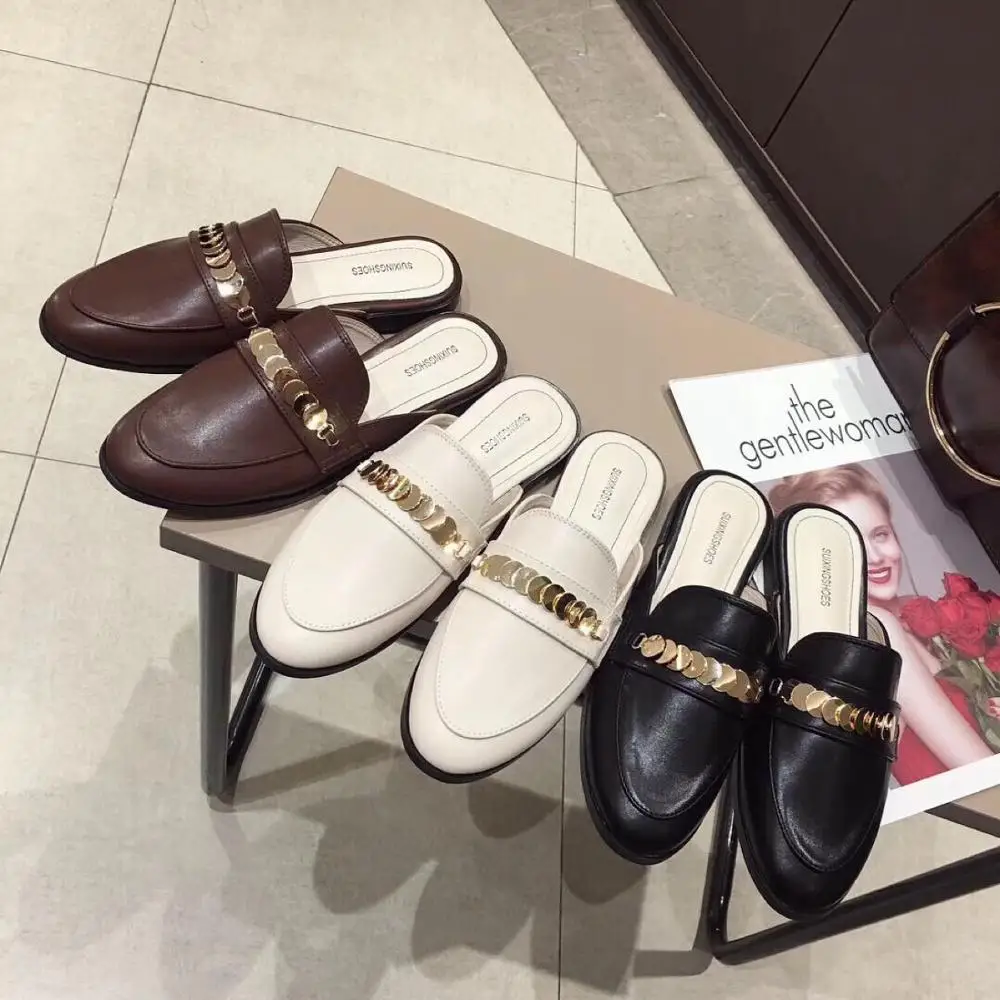 Туфли без задника женские шлепанцы с металлическими цепочками и блестками