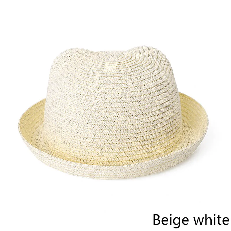 Beige white REAKIDS/Детская кепка; соломенная шляпа для девочек; милая пляжная кепка; детская шляпа с ушами; детская летняя кепка для девочек и мальчиков; Панама для маленьких мальчиков - Цвет: Beige white